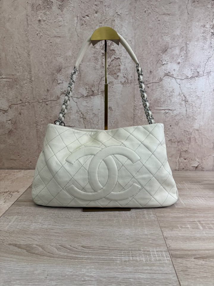 Chanel Cream Quilted Caviar Timeless CC Expandable Tote