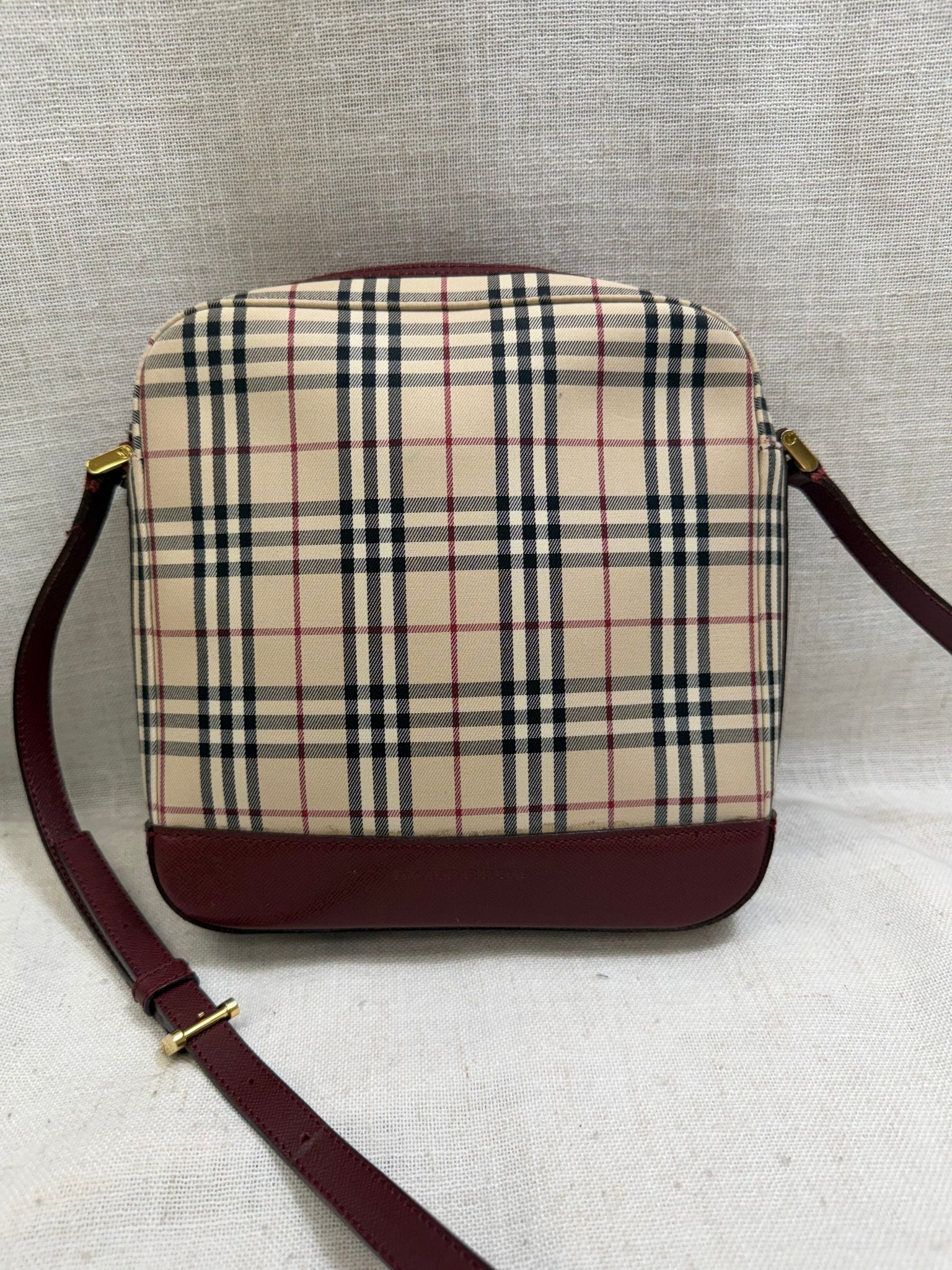 Burberry Burgundy Canvas Nova Check Crossbody Bag