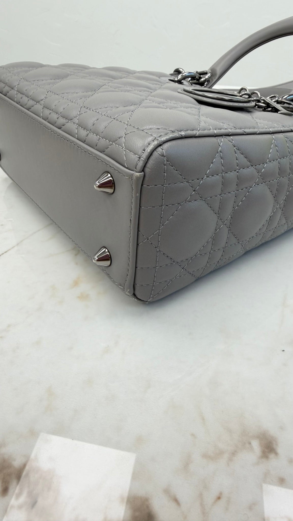 Christian Dior  Matte Grey Cannage Leather Small Lady Dior & Twilly