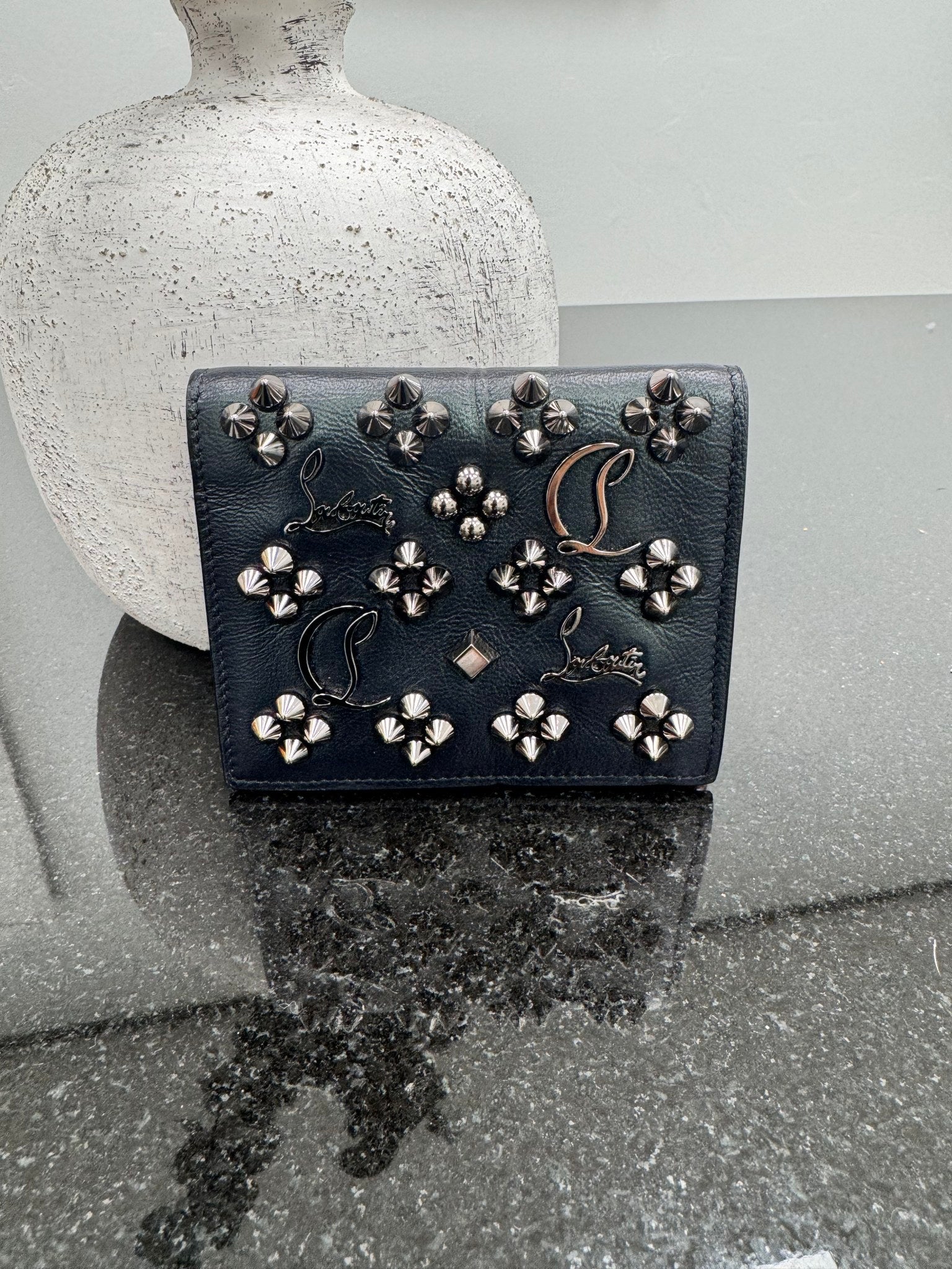 Christian Louboutin Iridescent Black Studded Leather Compact Bifold Wallet