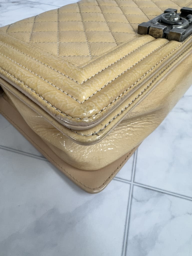 Chanel Beige Diamond Quilted Patent Leather Boy Bag