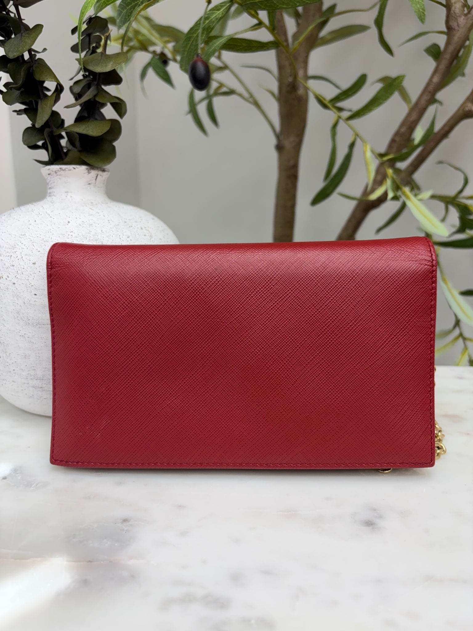 Salvatore Ferragamo Red Saffiano Miss Vara Bow Wallet on Chain