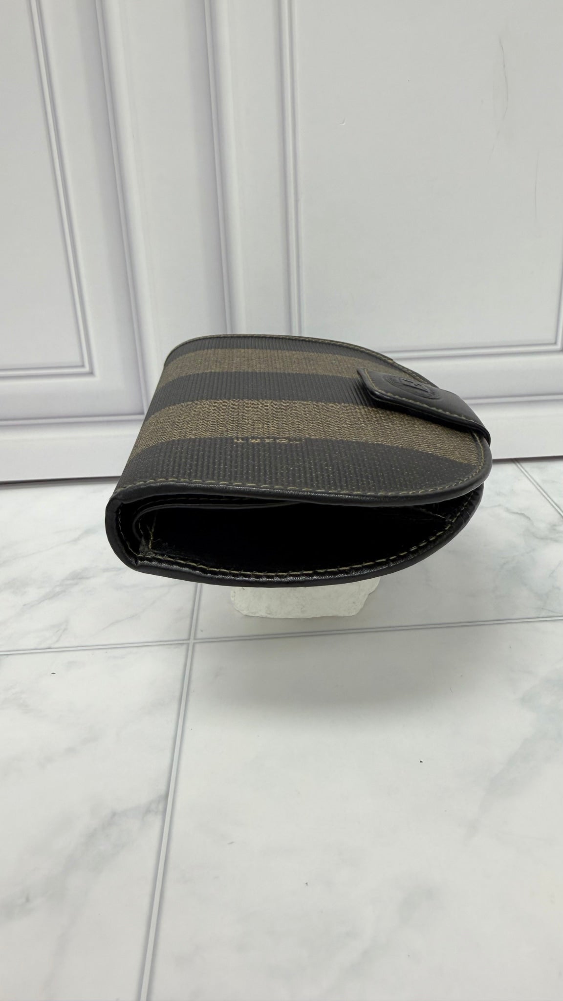 Fendi Brown Canvas Pequin striped Half Moon Wallet