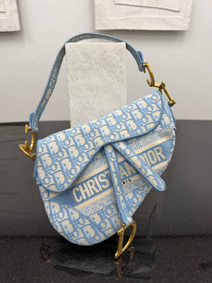Christian Dior Baby Blue Oblique Embroidered Canvas Medium Saddle Bag