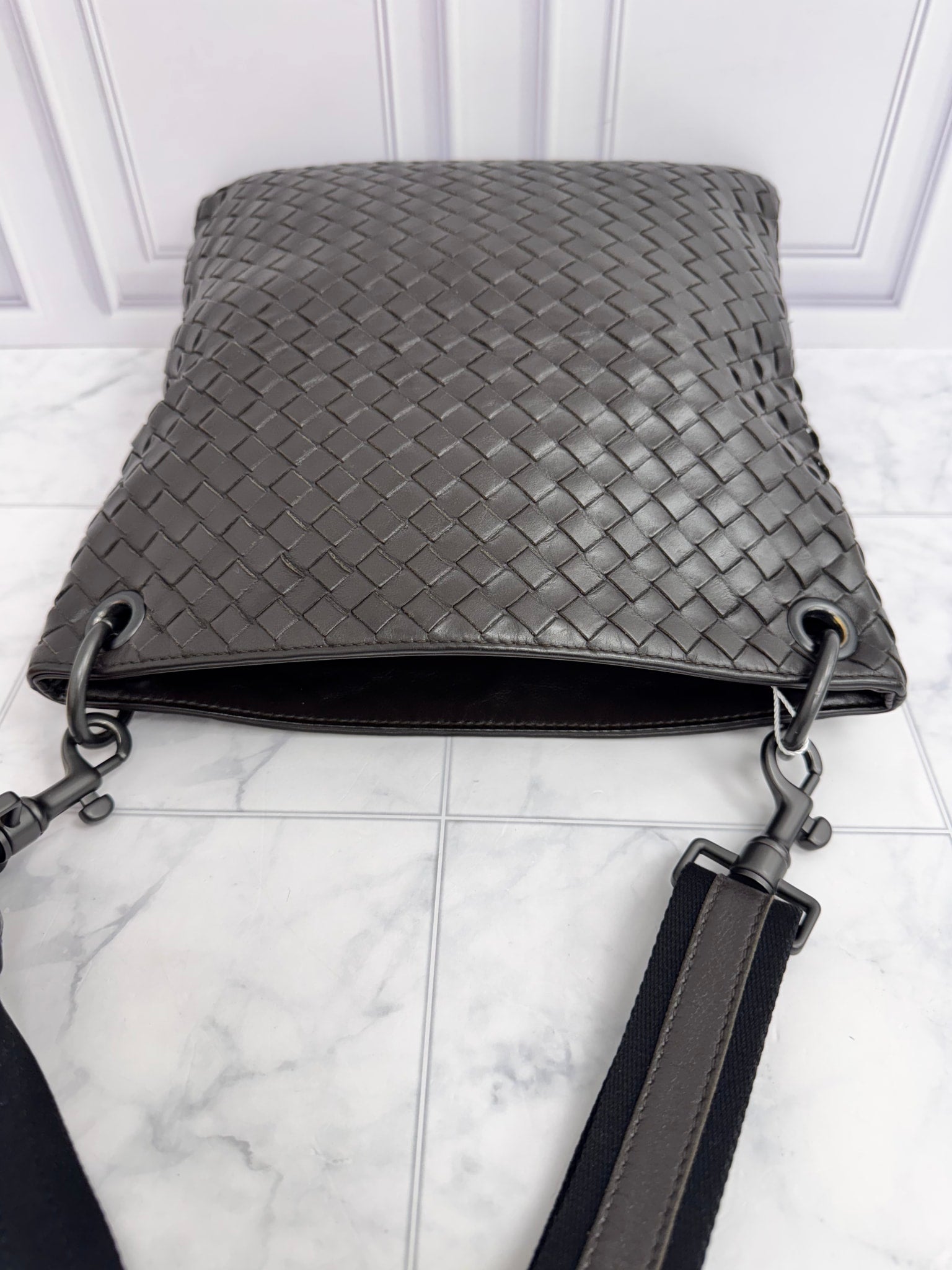 Bottega Veneta Dark Brown Intrecciato Leather Flat Messenger Crossbody Bag
