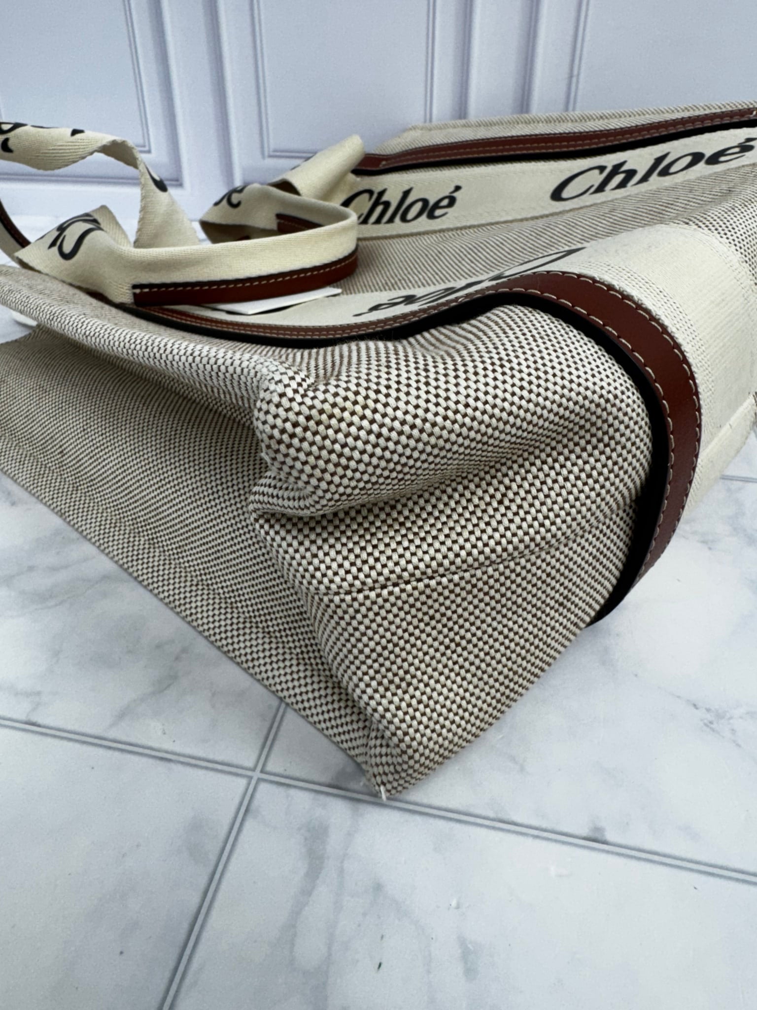 Chloe Beige Canvas Woody Medium Tote Bag