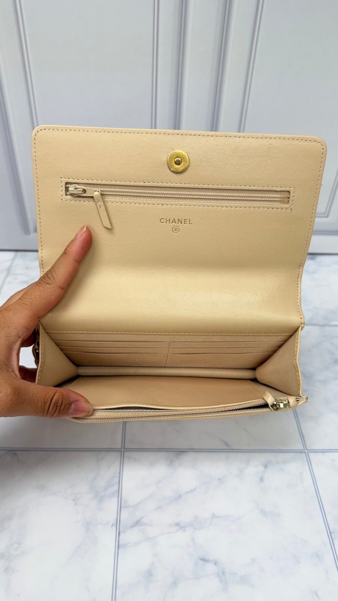 Chanel Beige Quilted Lambskin Leather Chanel 19 Wallet On A Chain