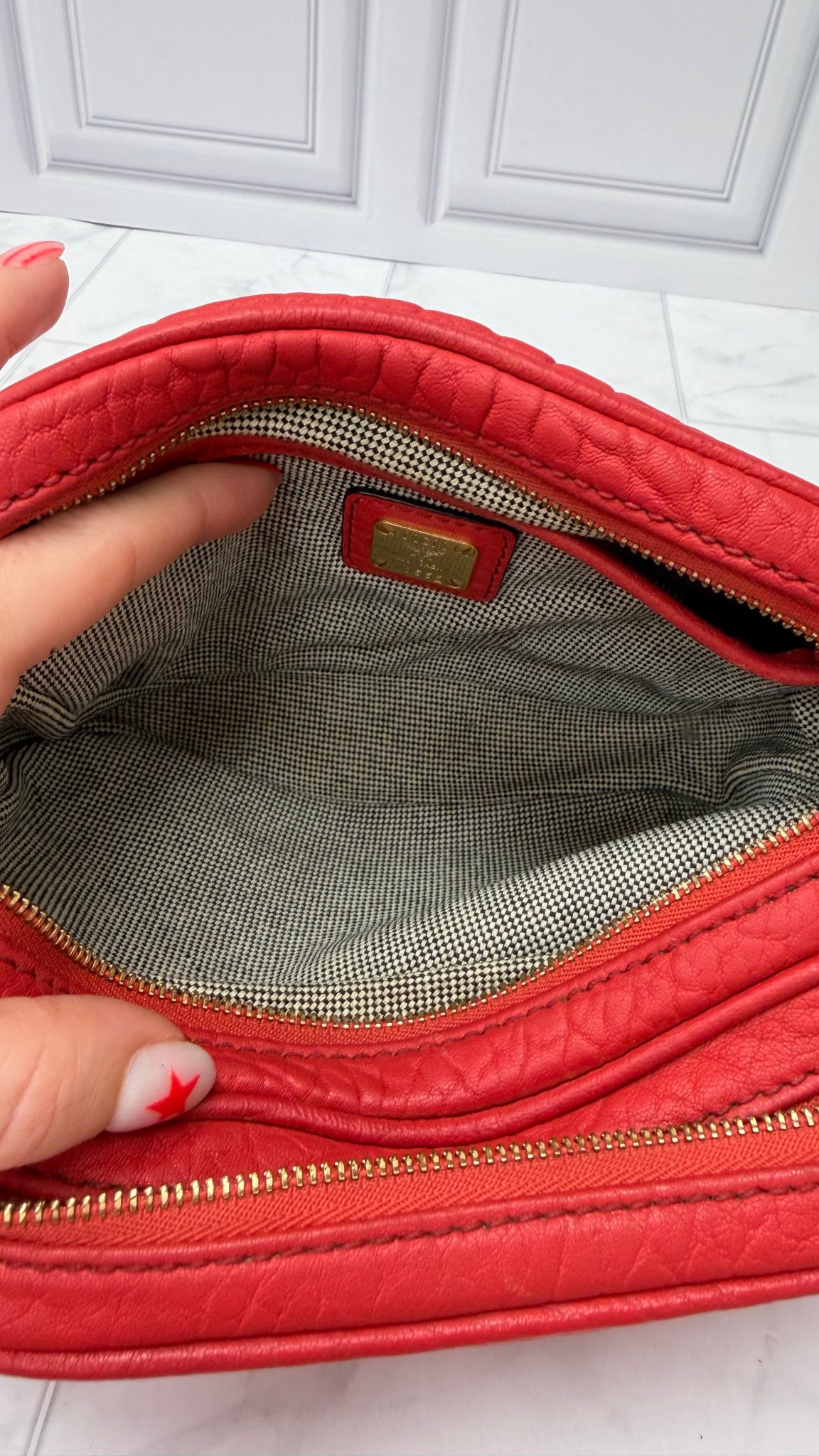 MCM Red Textured Leather Double Zip Camera Bag