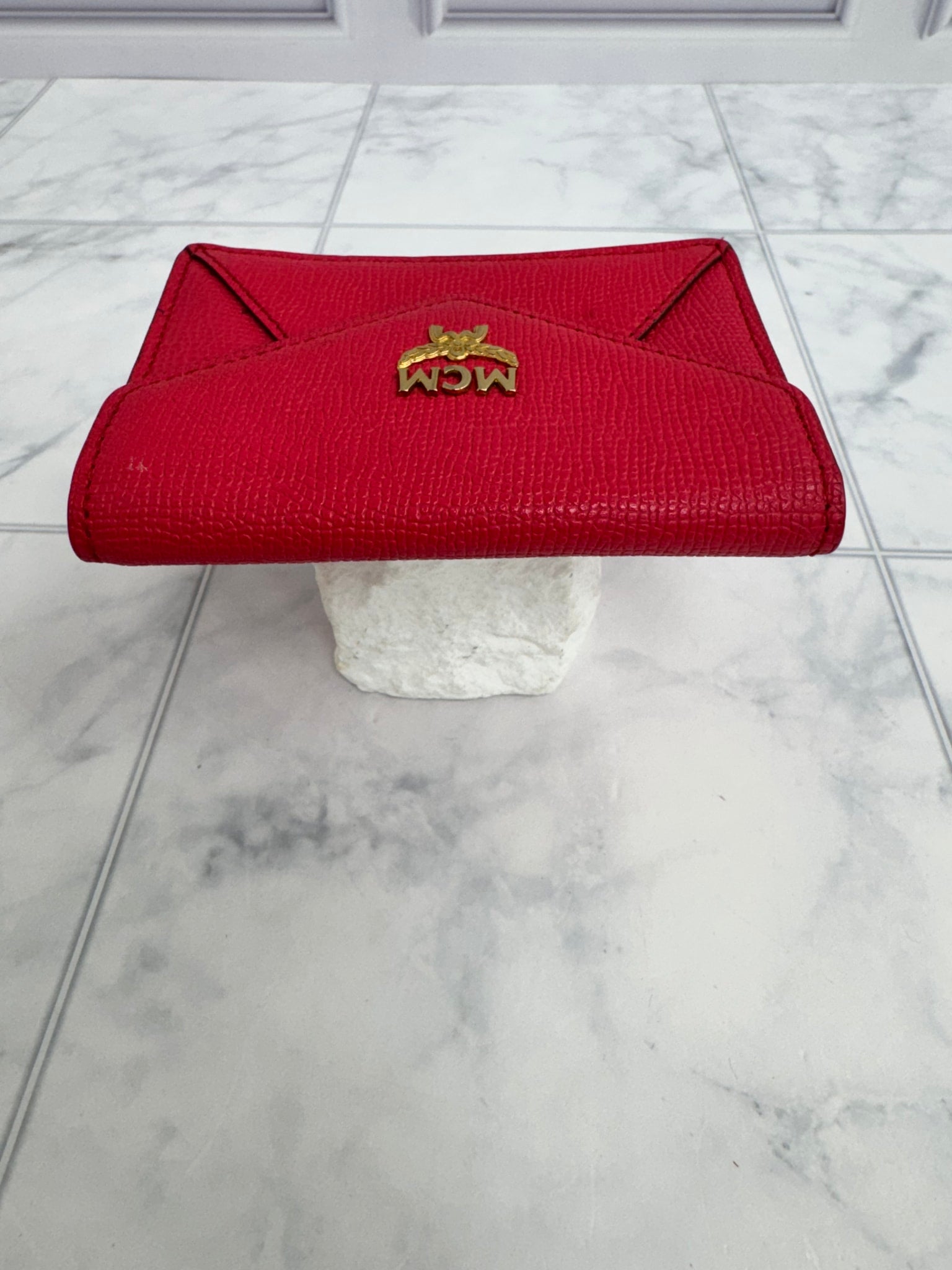 MCM Red Grained Leather Envelope Card Case