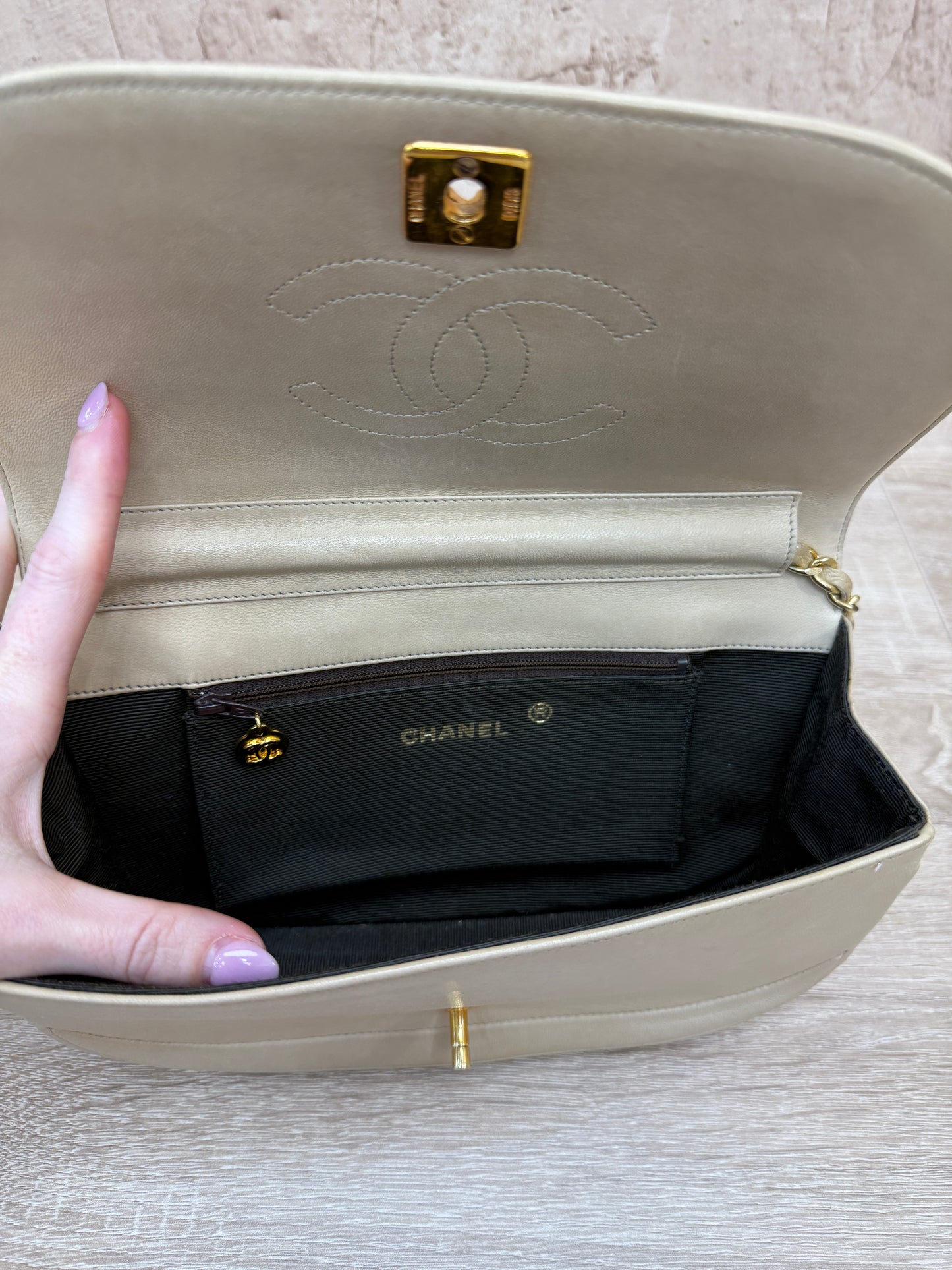 Chanel Vintage Beige Lambskin Half Moon Bag