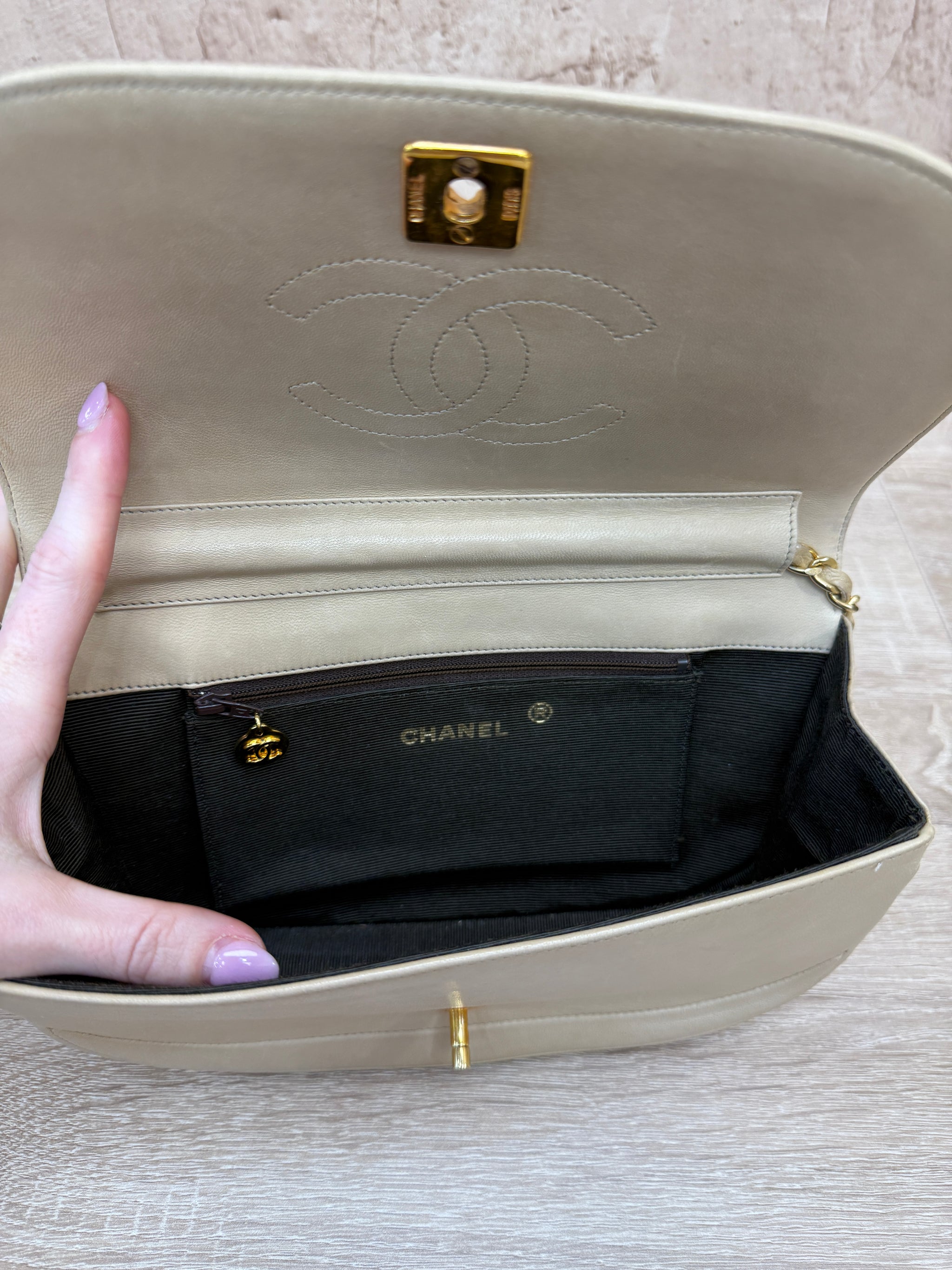 Chanel Vintage Beige Lambskin Half Moon Bag