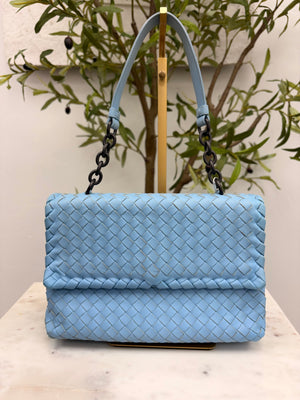 Bottega Veneta Blue Leather Intrecciato Woven Chain Flap Bag