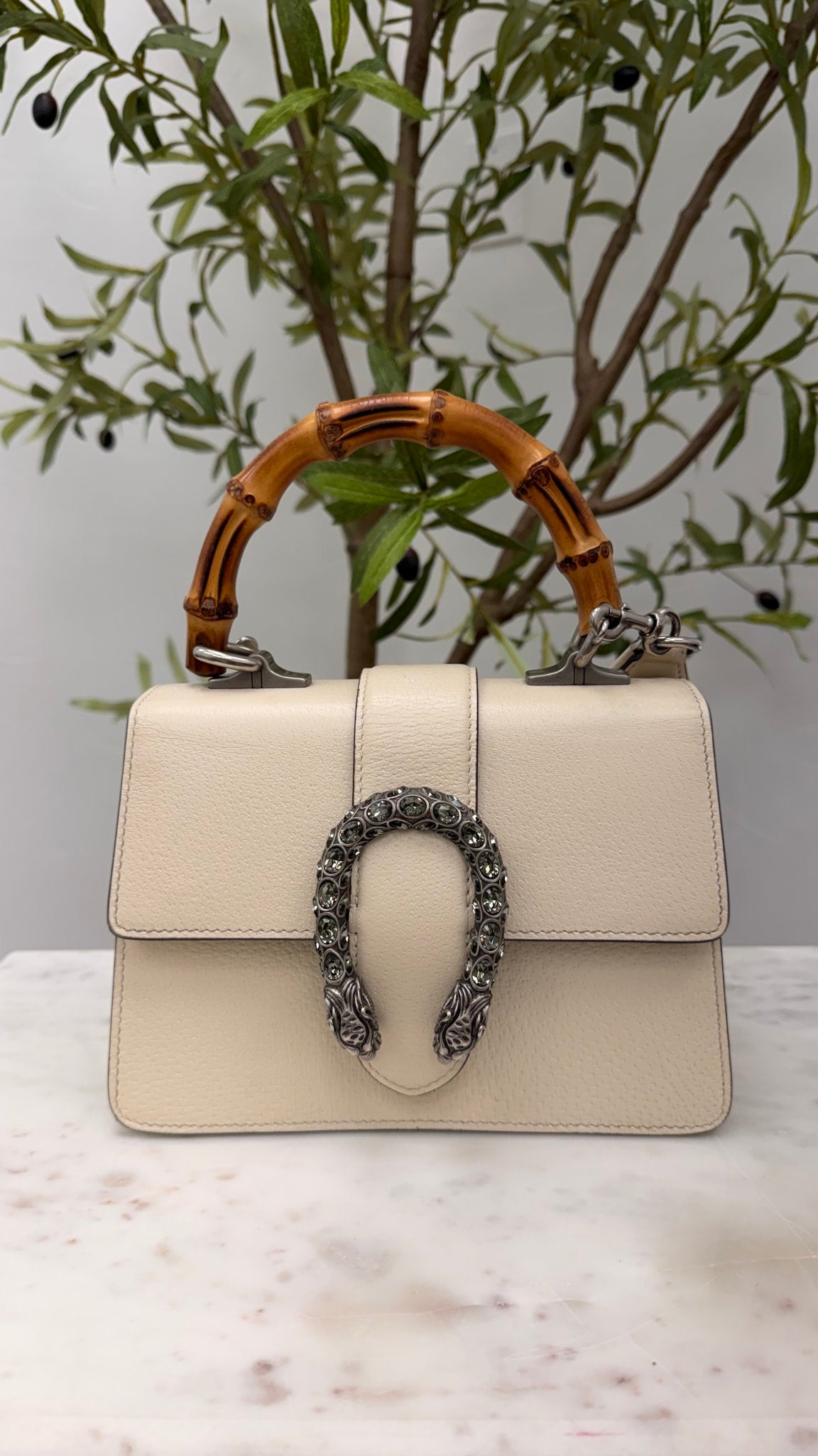 Gucci Ivory Grained Calfskin Leather Mini Dionysus Bamboo Top Handle Bag