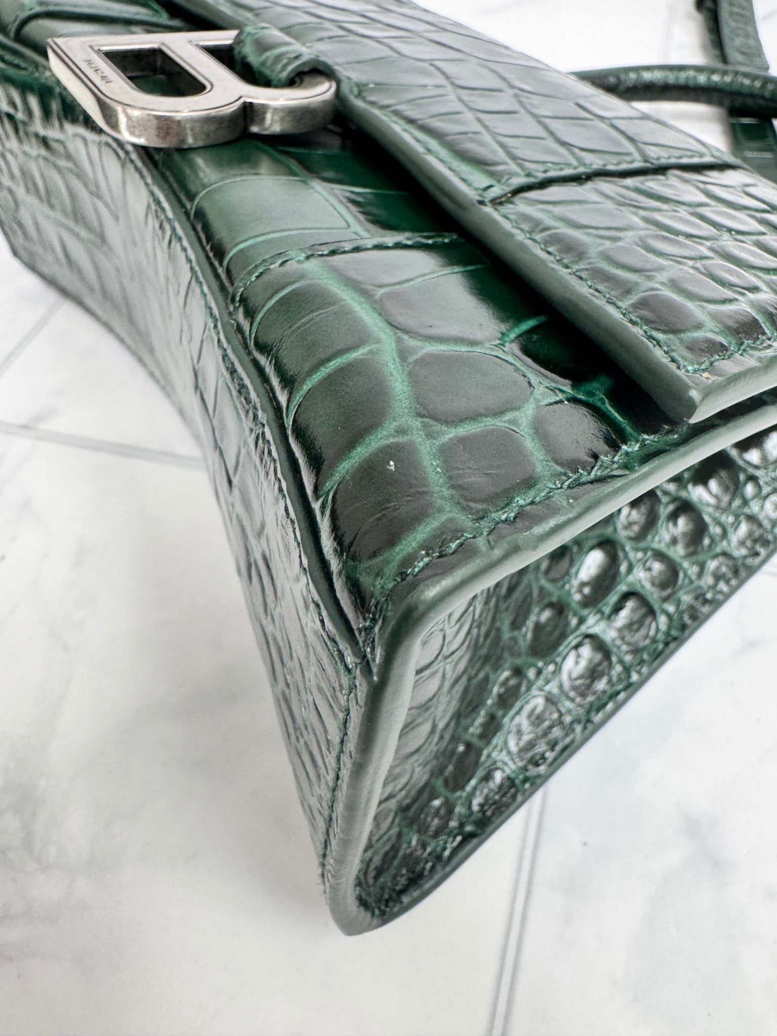  Balenciaga Dark Green Croc Embossed Leather XS Hourglass 2Way Bag 