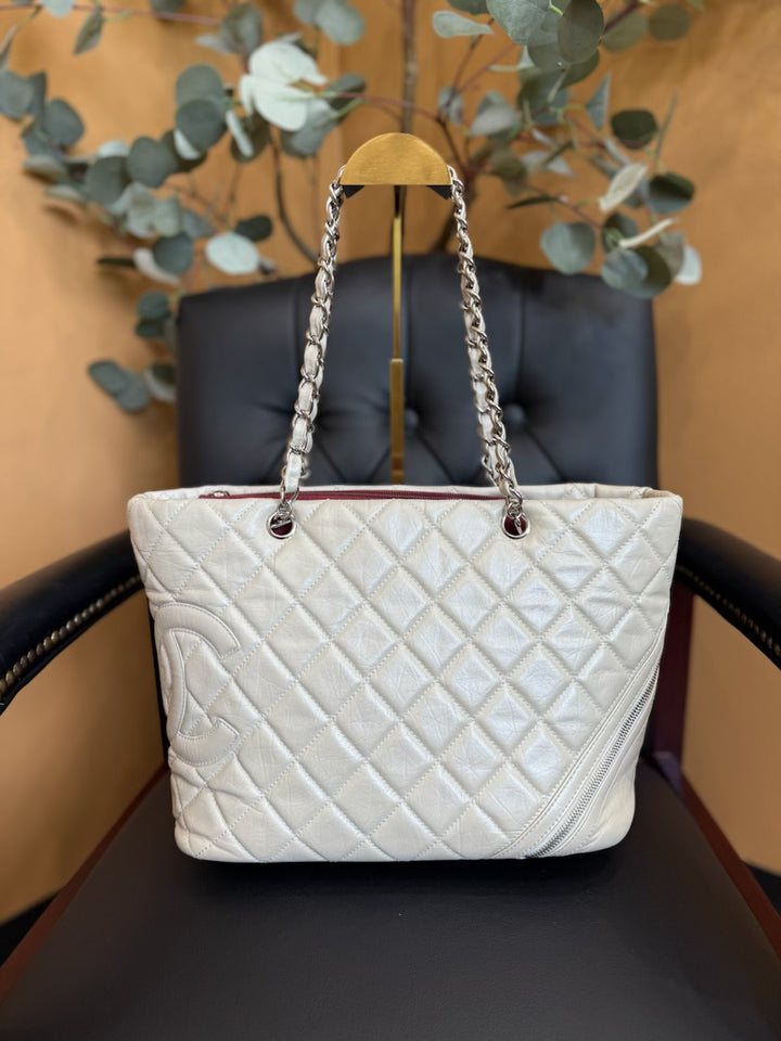 Chanel Light Gray Quilted Lambskin Cambon Tote