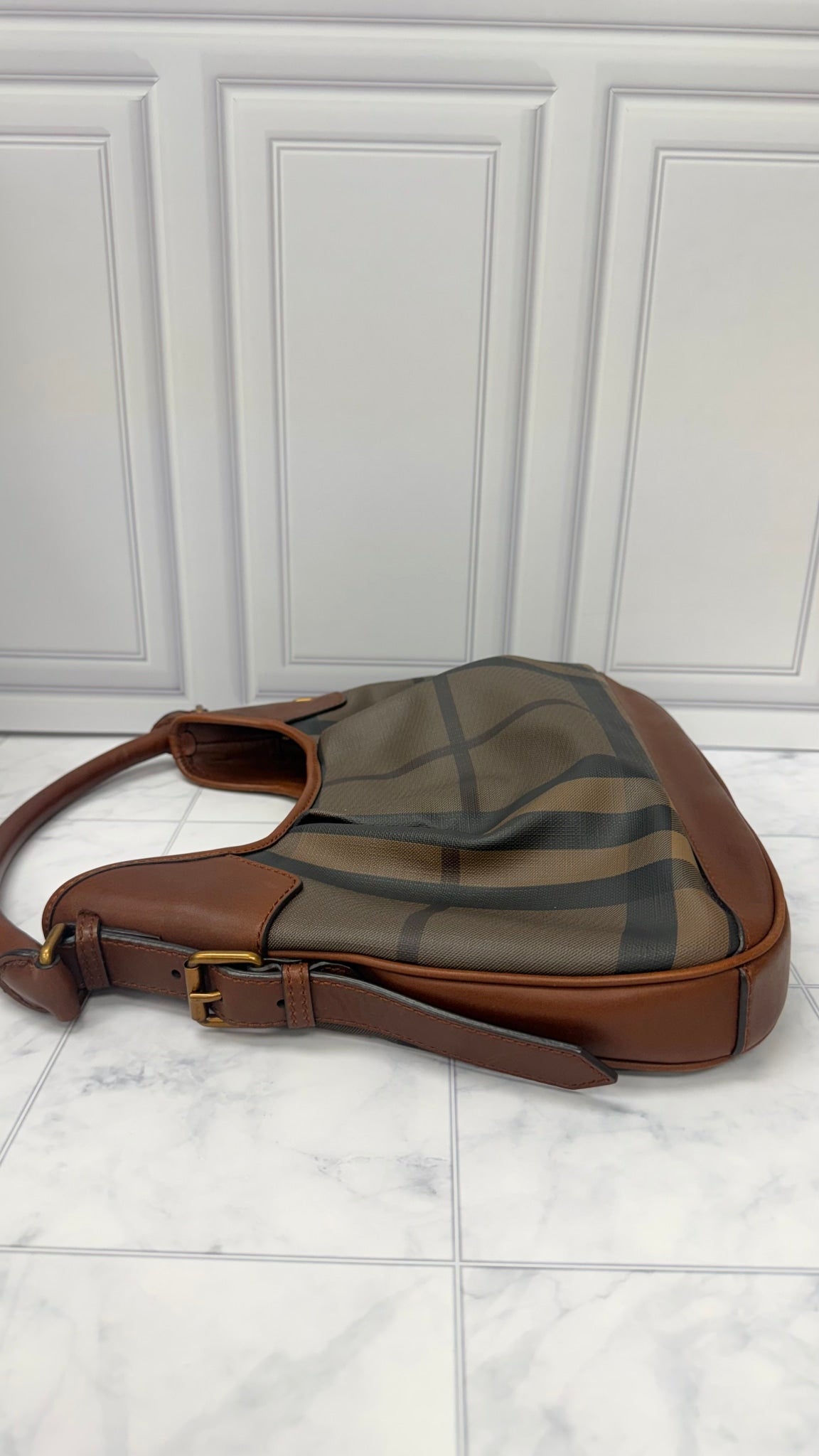 Burberry Brown Check Coated Canvas Hobo Bag