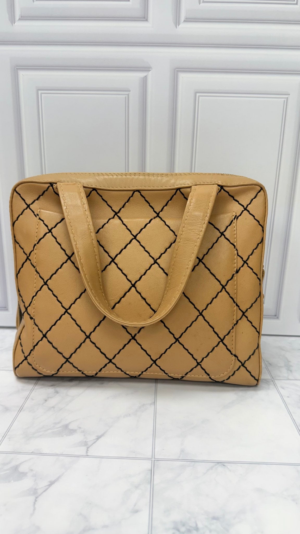 Chanel Beige Diamond Quilted Leather Surpique Medium Bowler Bag