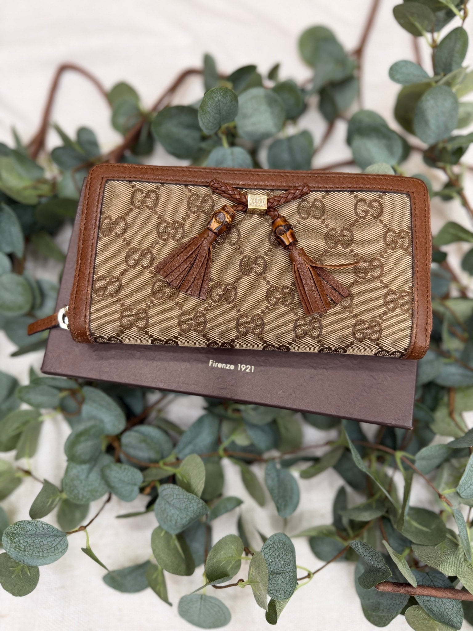 Gucci Brown Canvas Bamboo Tassel Zippy Wallet