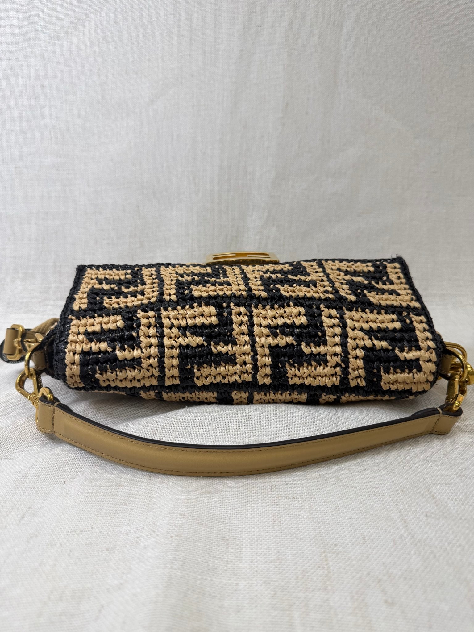 Fendi Navy And Tan Raffia FF Vitello Grace Baguette Handbag 