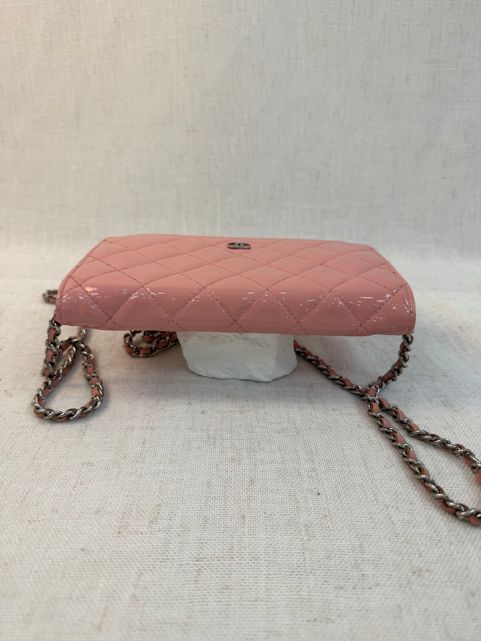 Chanel Pink Patent Leather Wallet On Chain
