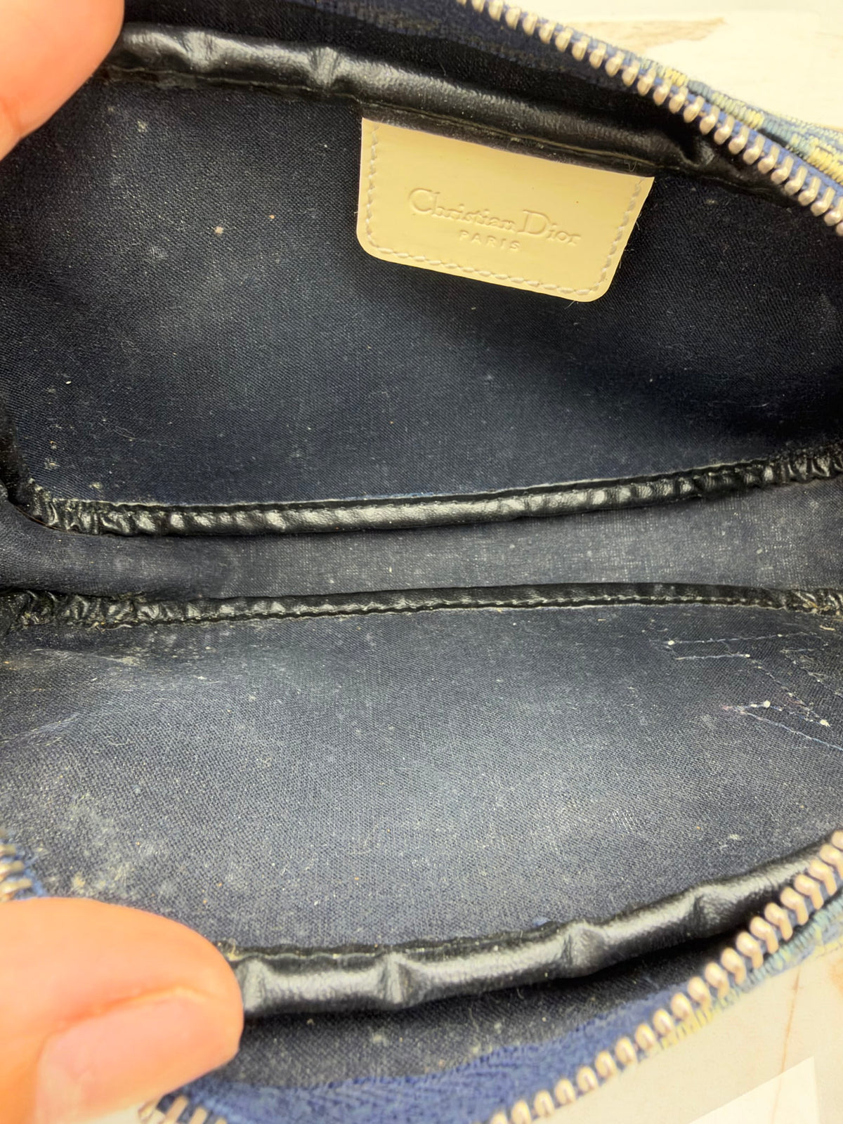 Christian Dior Navy Blue & Cream Trotter Monogram Coated Canvas Zippy Cosmetic Pouch