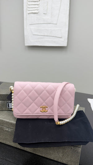 Chanel Pink Lambskin Quilted Leather Pearl Wallet On A Chain