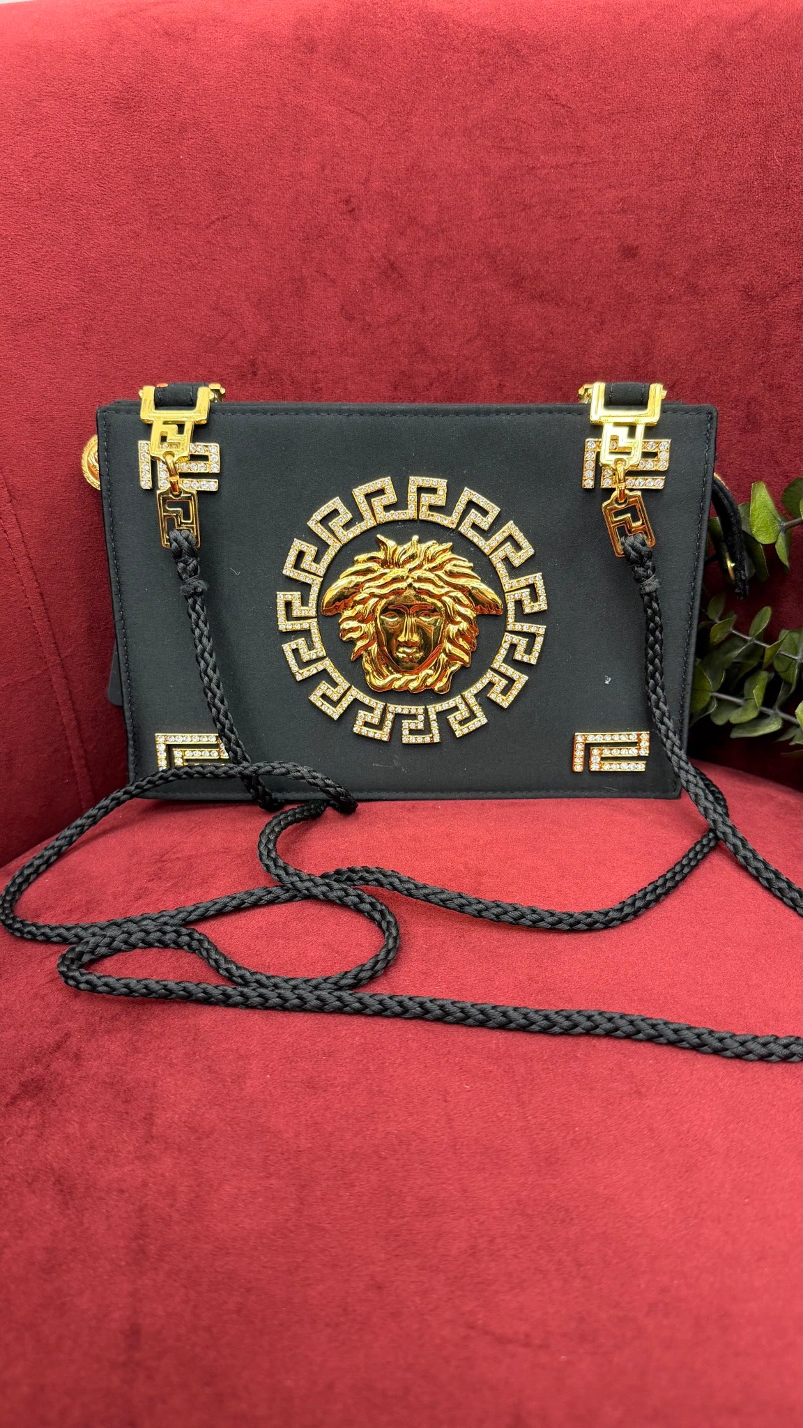 Versace Gianni Vintage 1992 Black Satin Gold Rhinestone Medusa Bag