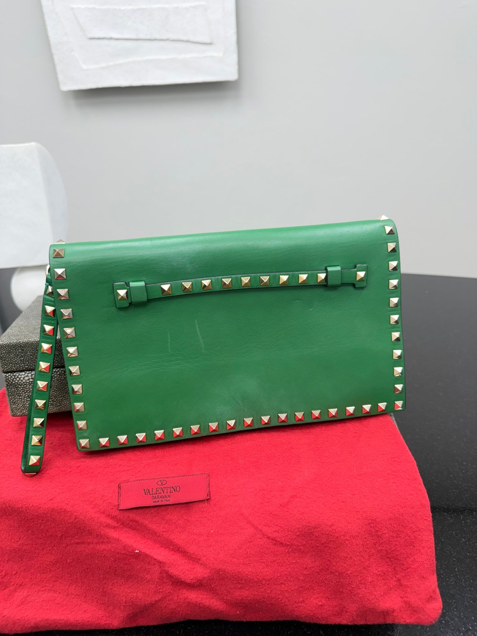 Valentino Green Leather Rockstud Clutch