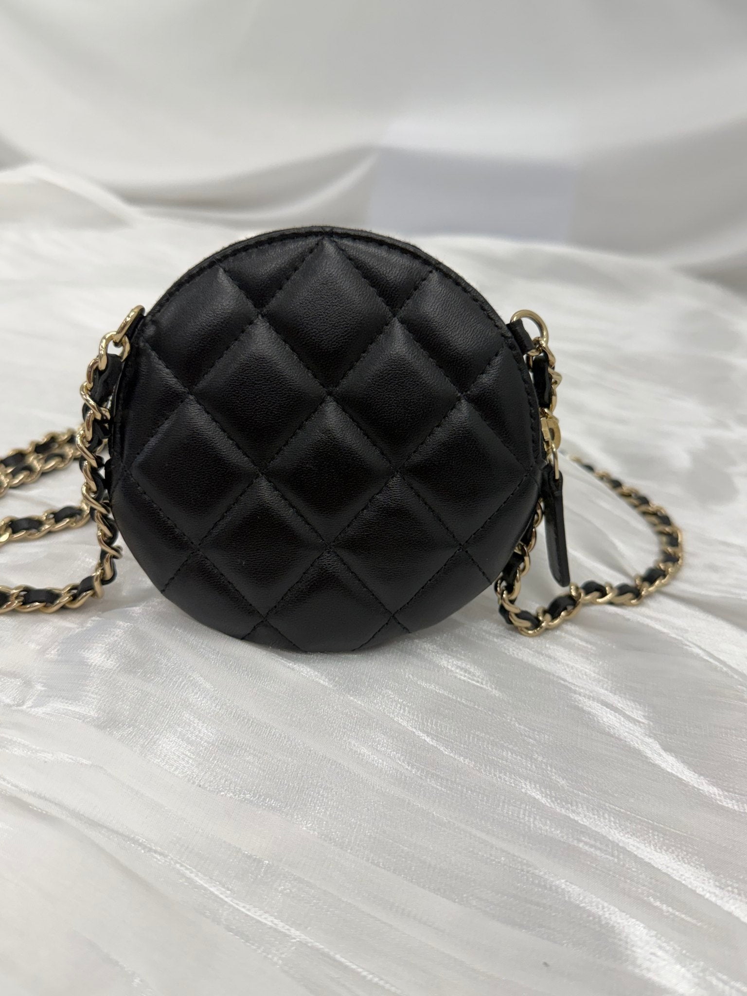 LIKE NEW- Chanel Black Lambskin Round Camellia Clutch on a Chain 
