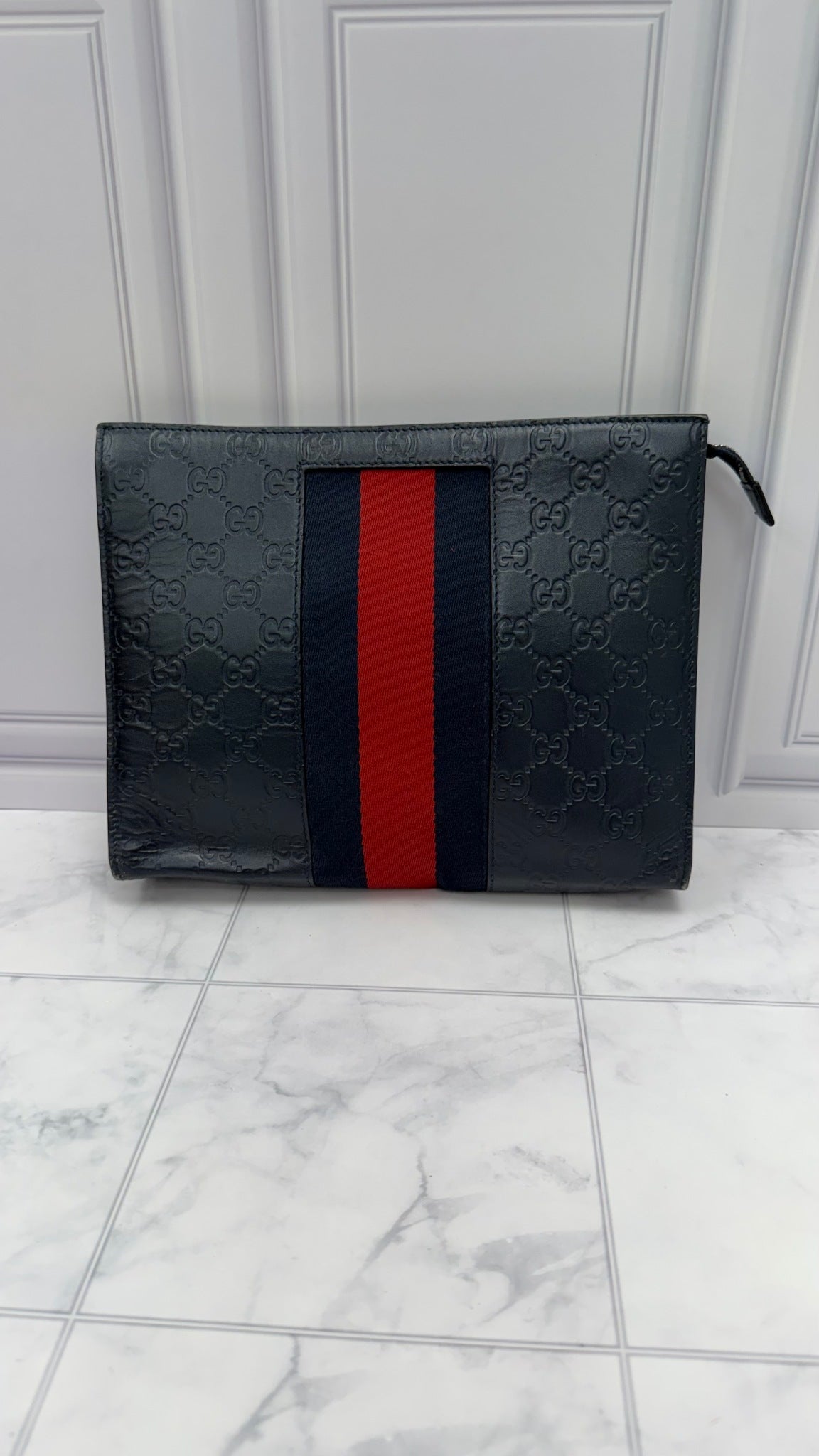 Gucci Navy Blue Guccissima Leather Web Pouch