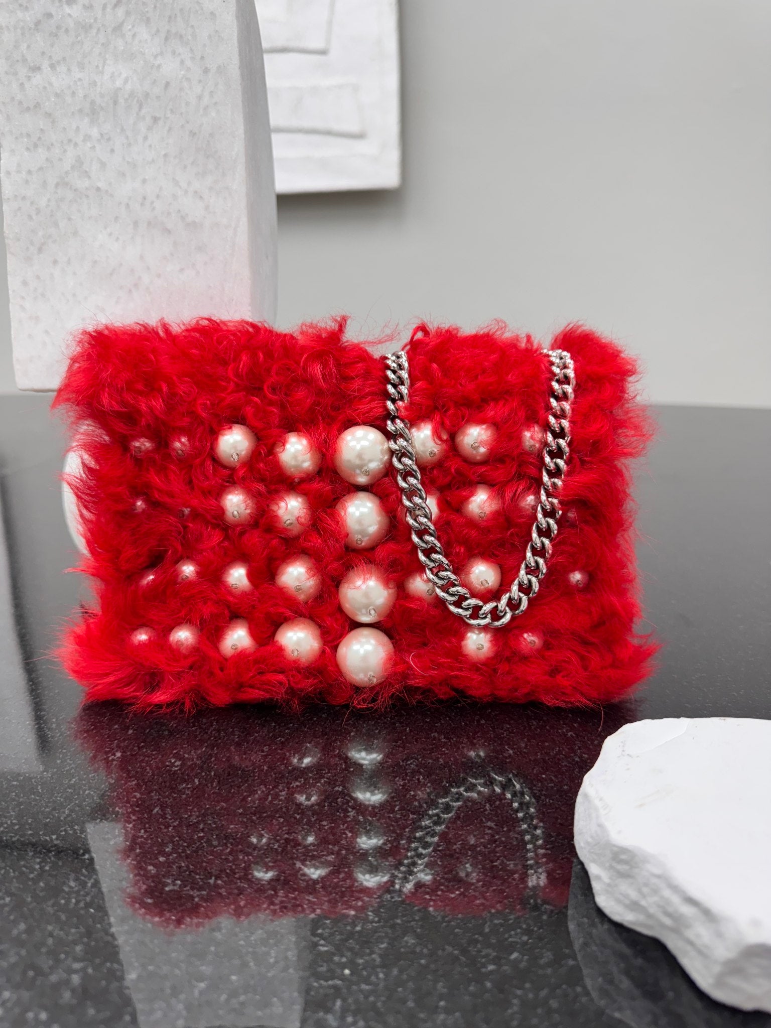 Miu Miu Red Pearl And Fur Crossbody Bag
