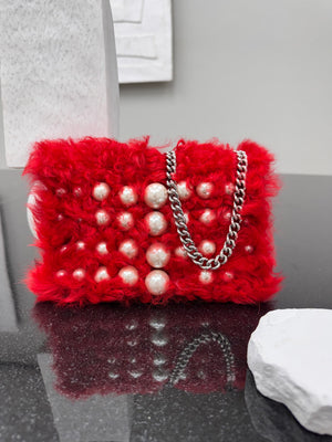Miu Miu Red Pearl And Fur Crossbody Bag