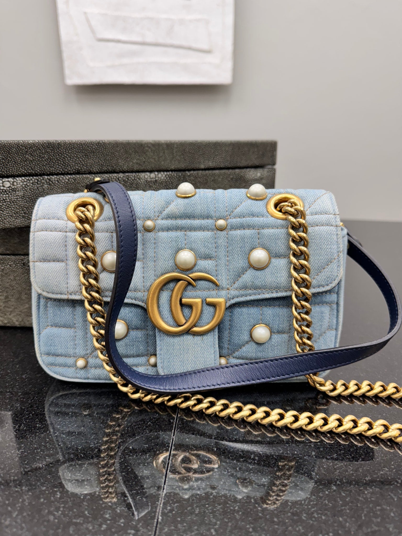 Gucci Blue Distressed Denim GG Marmont Pearls Shoulder Bag