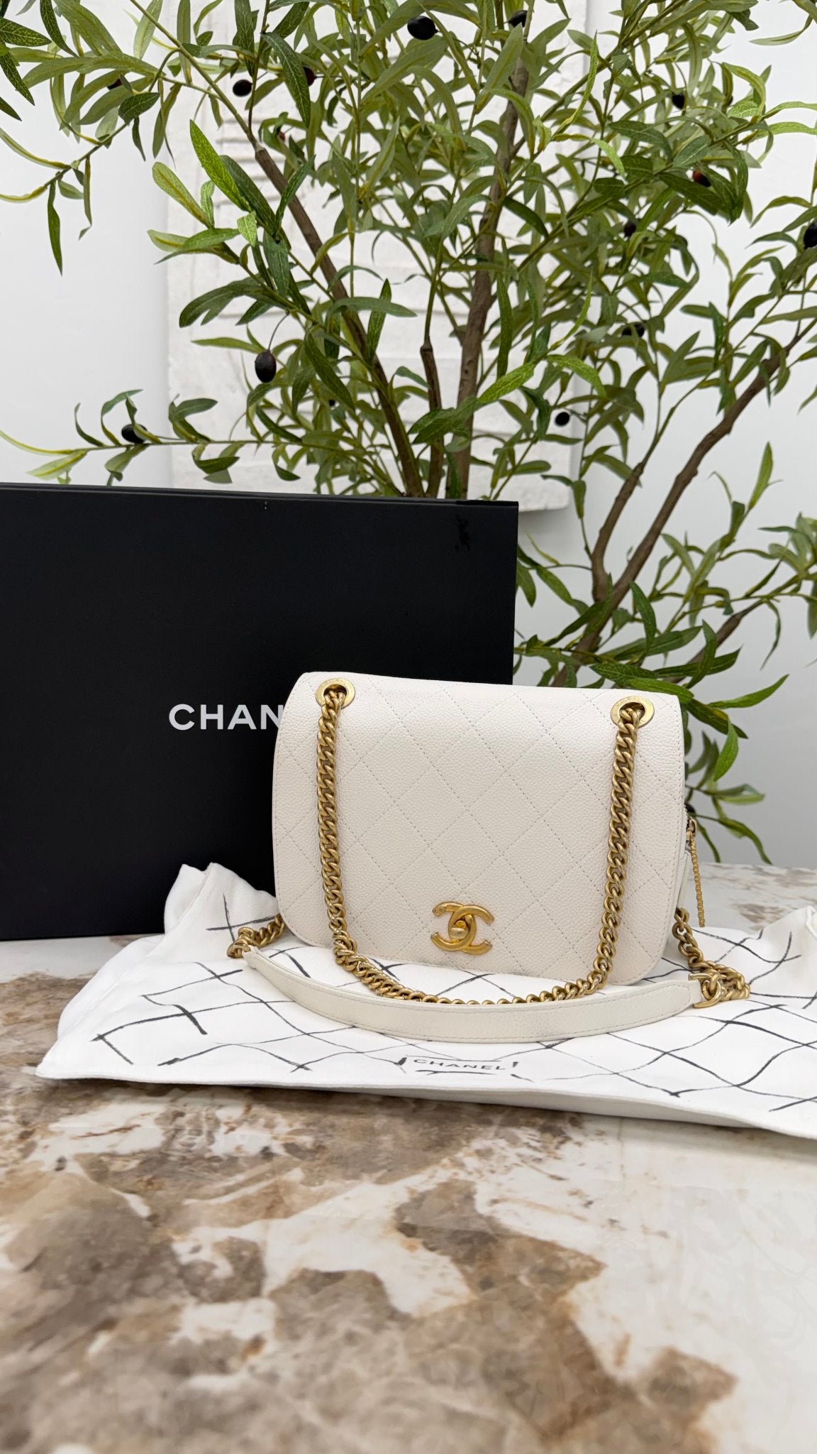 Chanel White Quilted Caviar Leather Small Camera Flap Bag