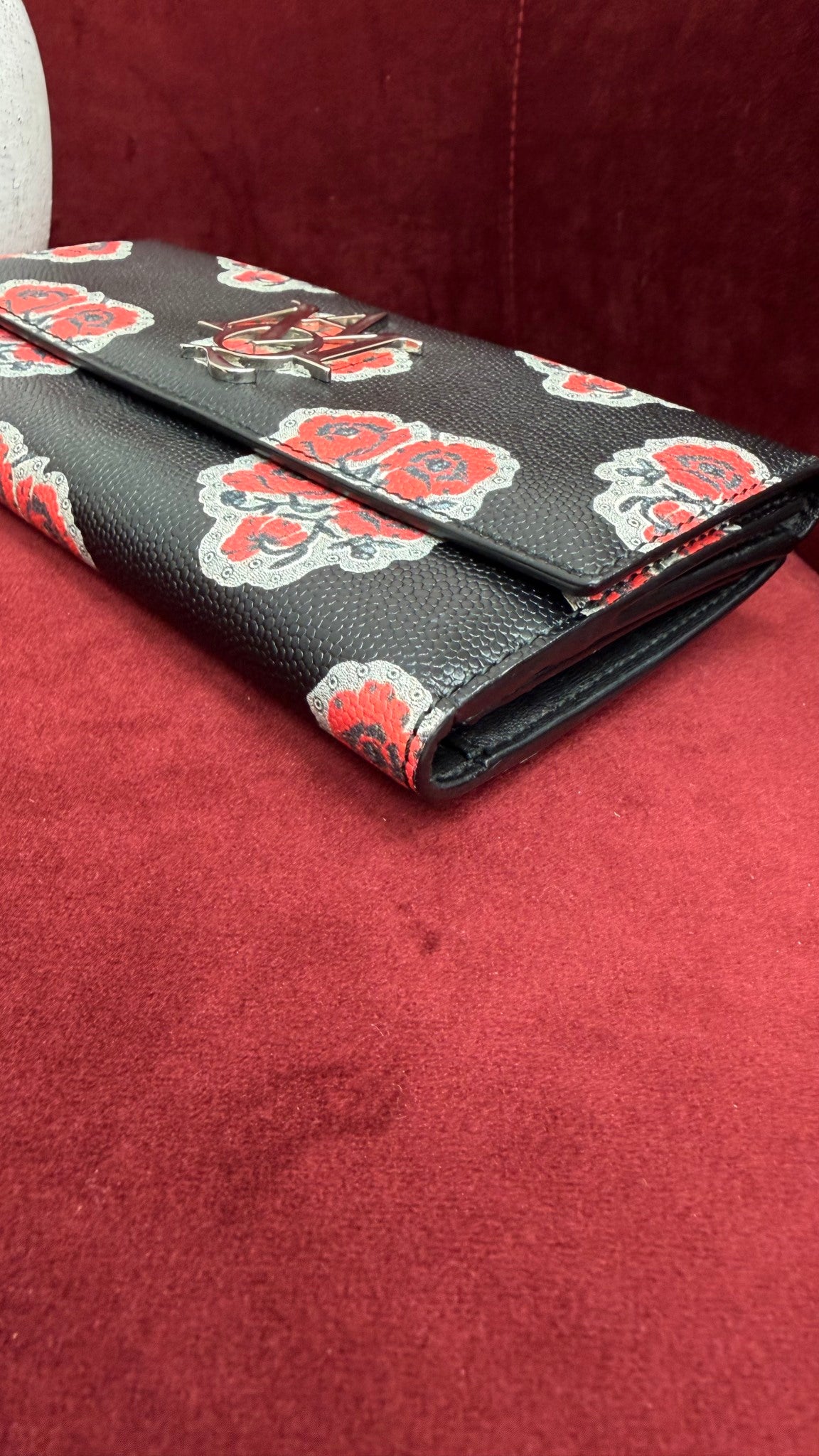 Alexander McQueen Black Pebbled Leather Rose Printed Long Wallet
