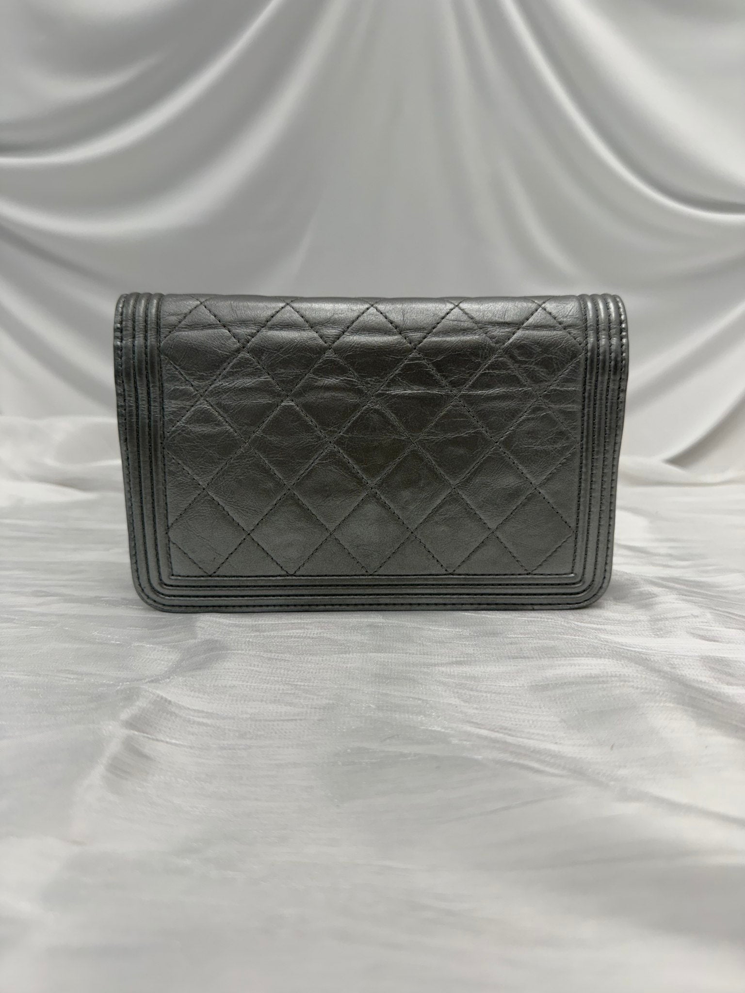 Chanel Silver Quilted Calfskin Boy Wallet on a Chain
