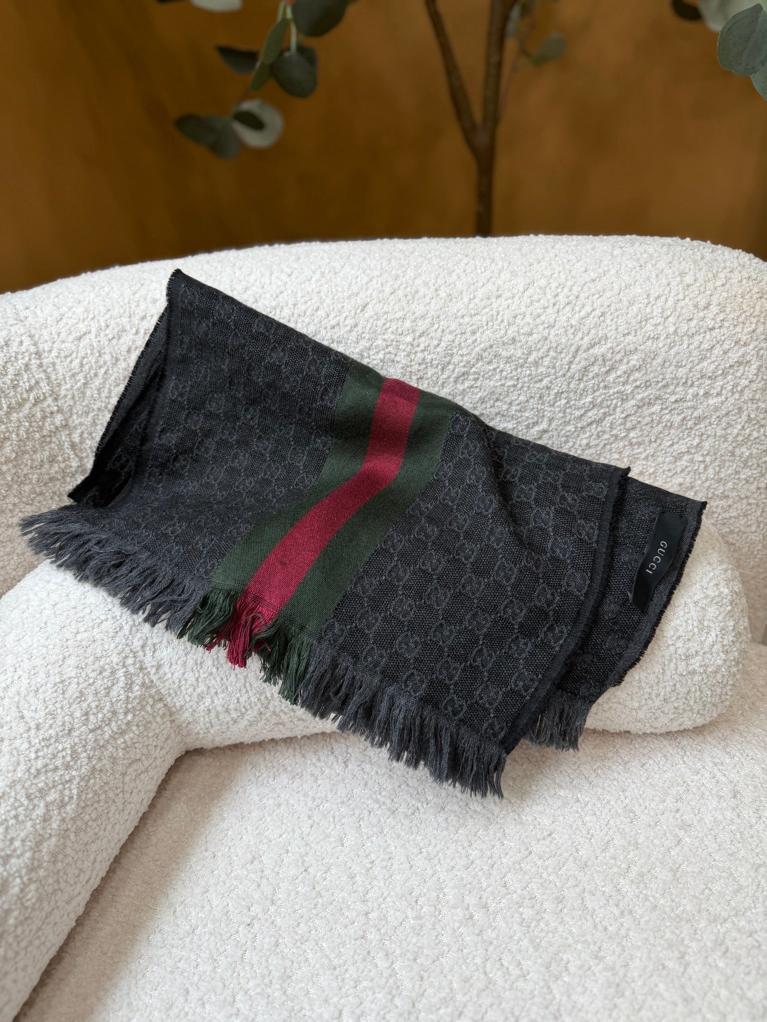 Gucci Black GG Motif Scarf With Web