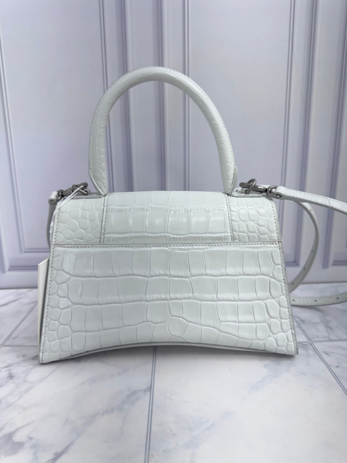 Balenciaga White Croc Embossed Hourglass Top Handle Bag