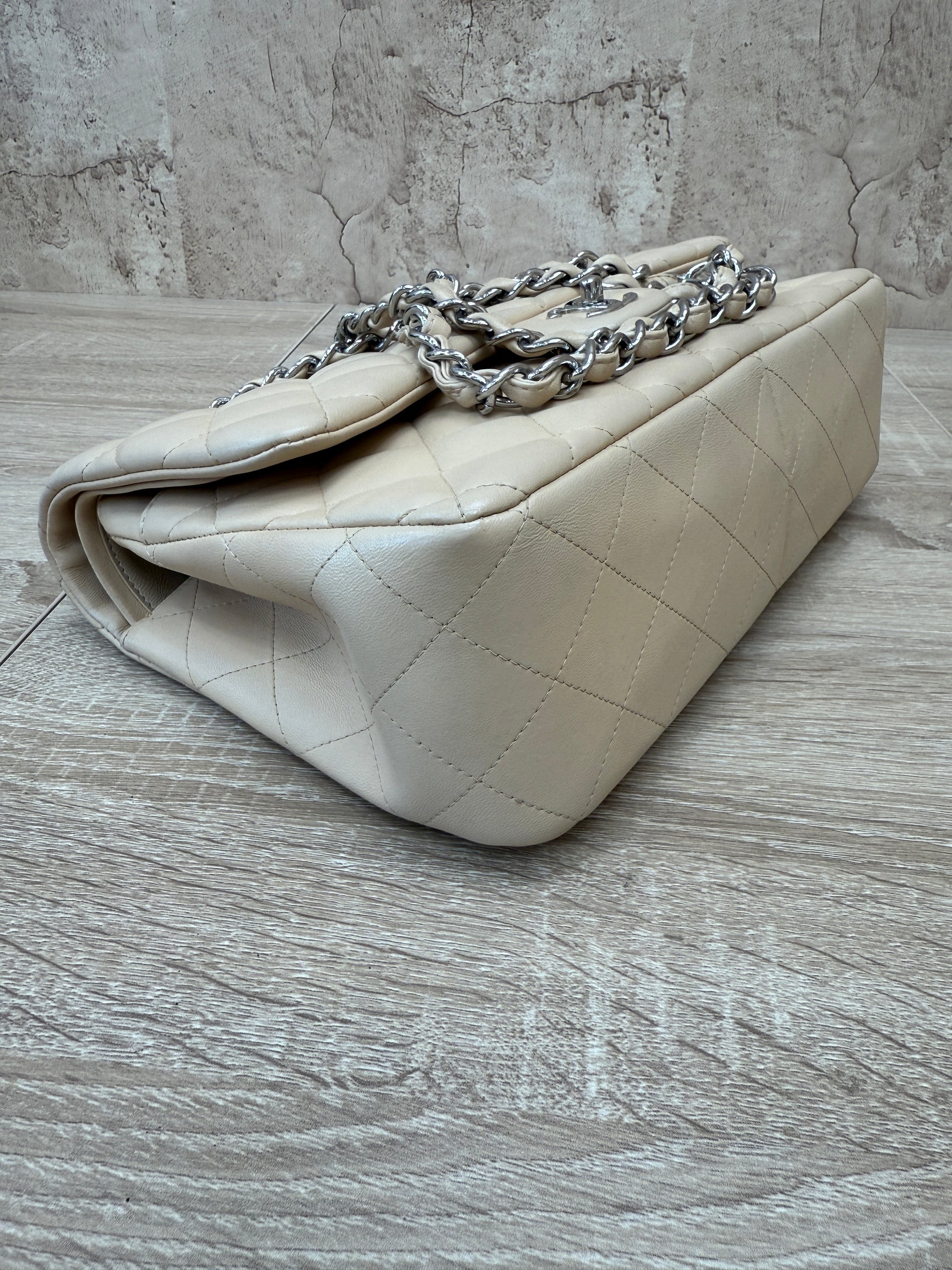 Chanel Beige Quilted Lambskin Jumbo Double Flap Bag