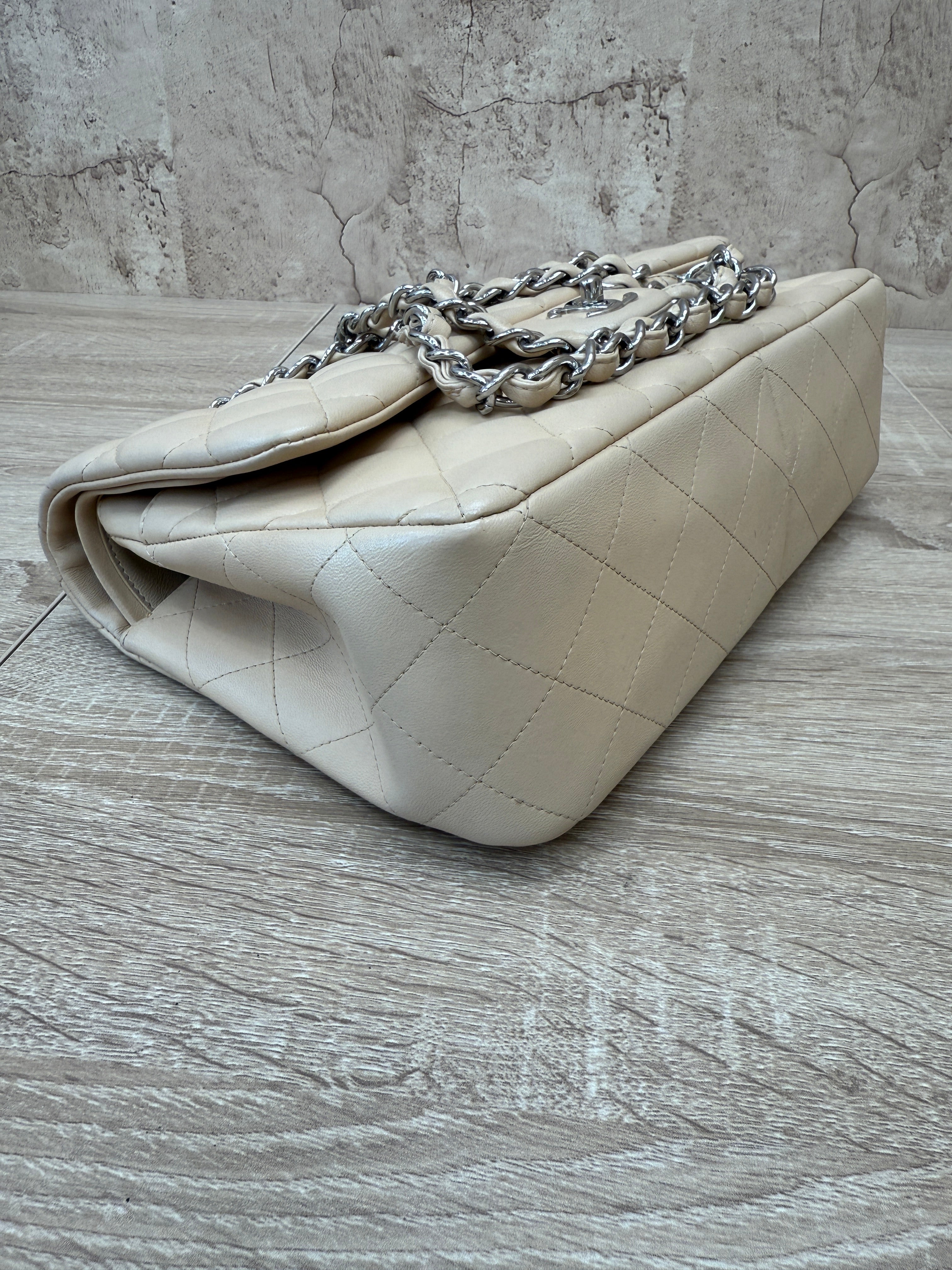 Chanel Beige Quilted Lambskin Jumbo Double Flap Bag