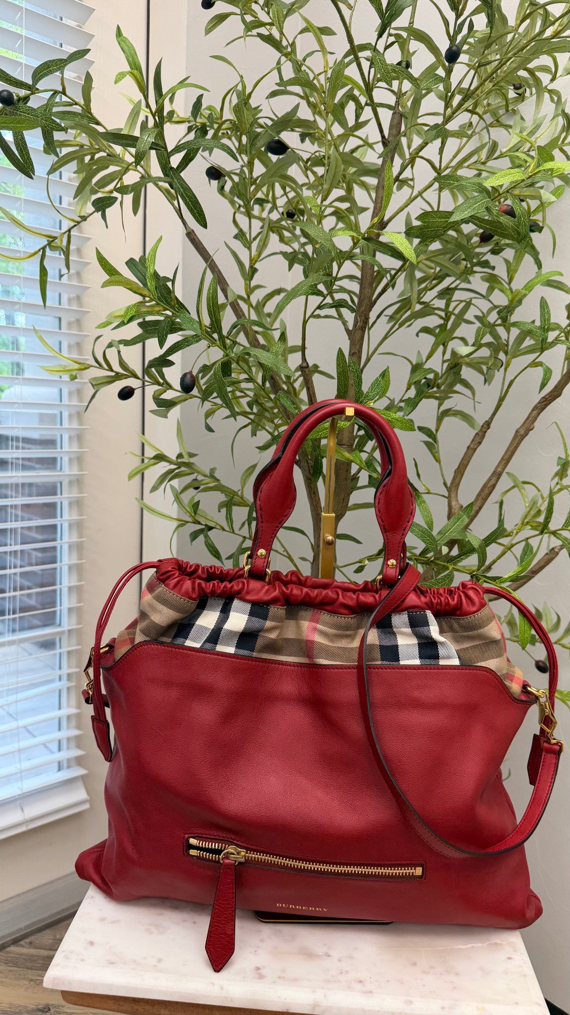 Burberry Nova check Red Leather Tote Bag