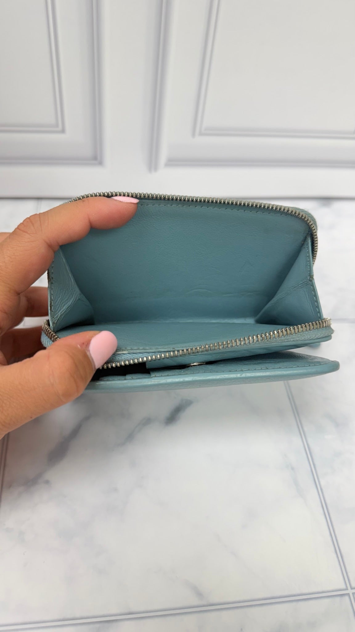 Balenciaga Light Blue Grained Leather Zippy Compact Wallet 