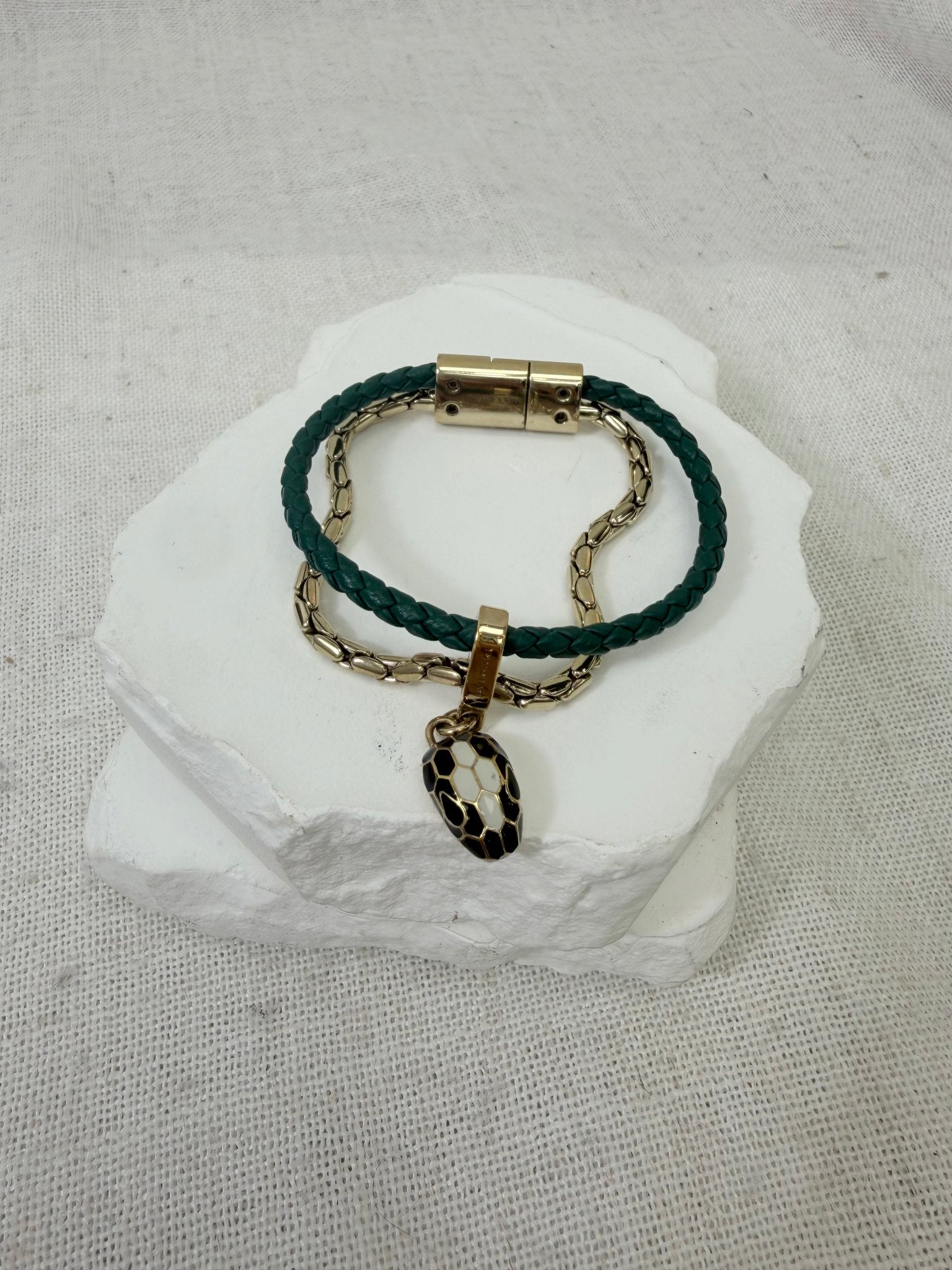 Bvlgari Green Leather Gold plated Brass Chain Serpenti Forever Bracelet 