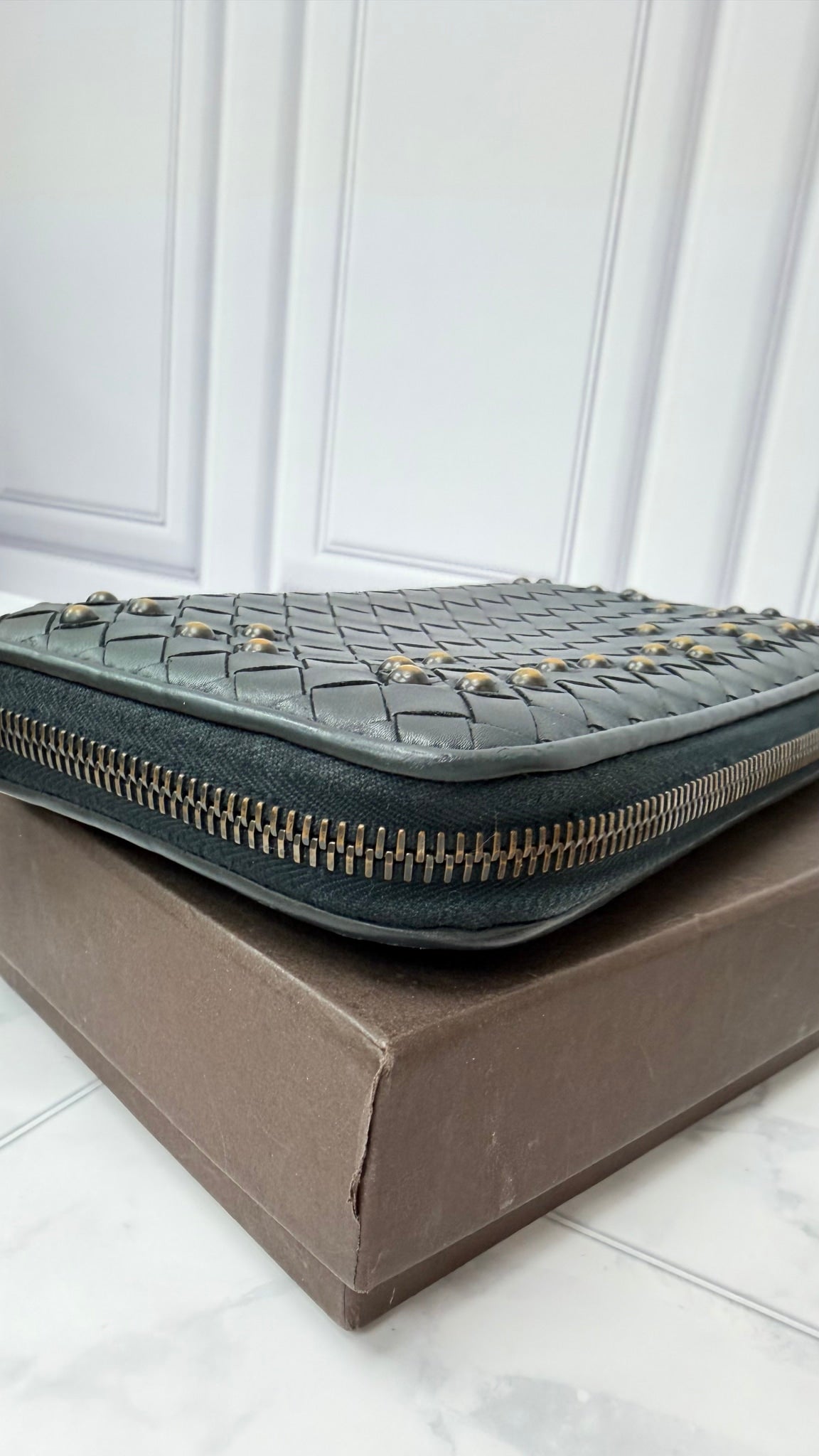 Bottega Veneta Black Intrecciato Leather Studded Zippy Wallet