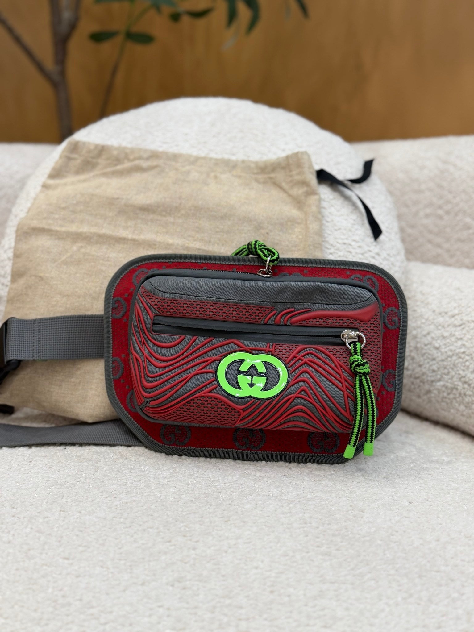 Gucci Red And Gray Nylon Belt Bag