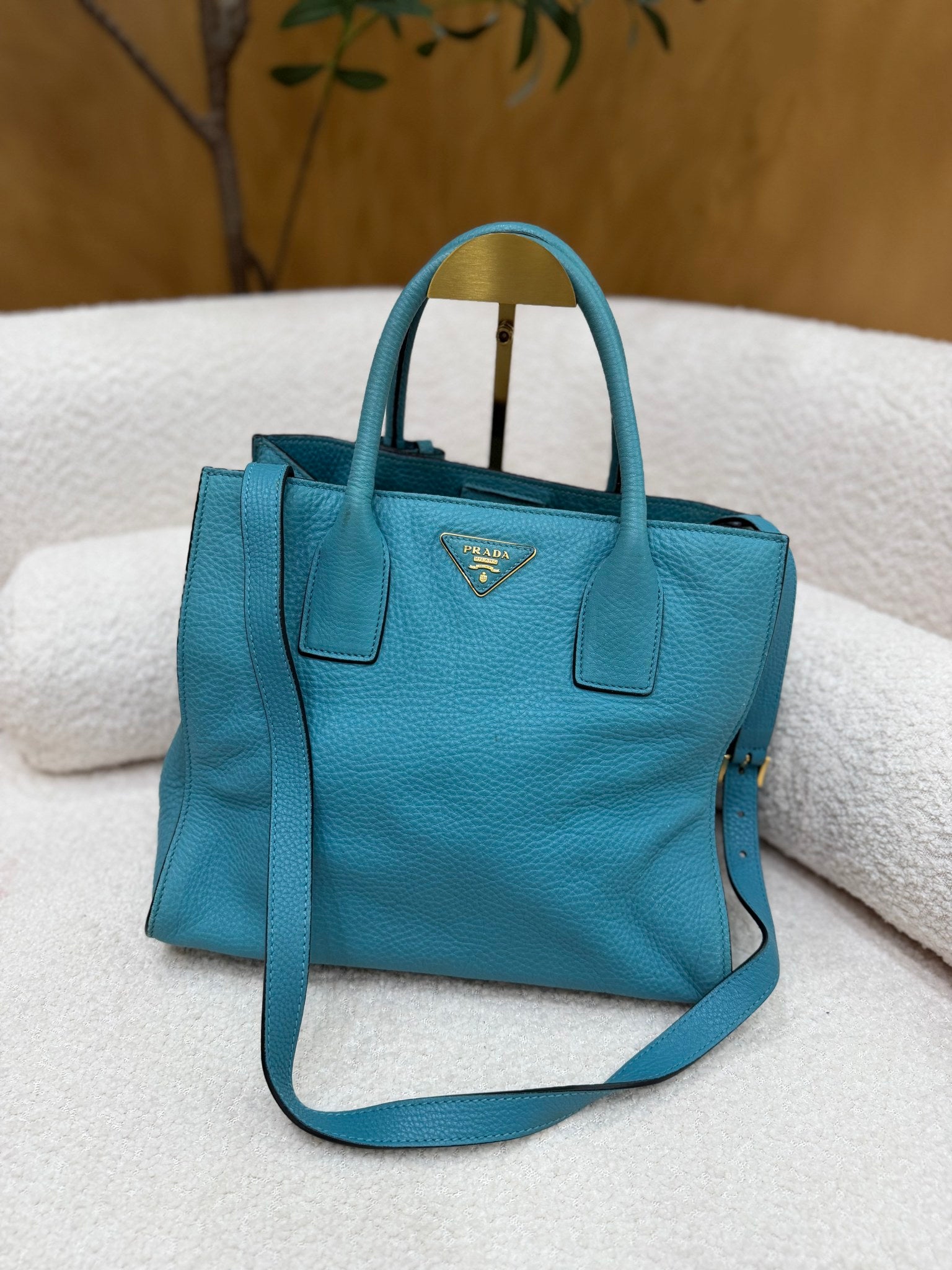 Prada Teal Pebbled Leather Daino 2Way Tote