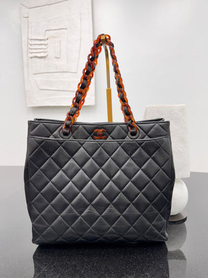 Chanel Vintage Black Quilted Calfskin Leather Tortoise Chain Twist Lock Tote Bag