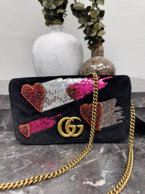 Gucci Marmont Black Chevron Quilted Velvet Embellished Hearts Wallet On A Chain