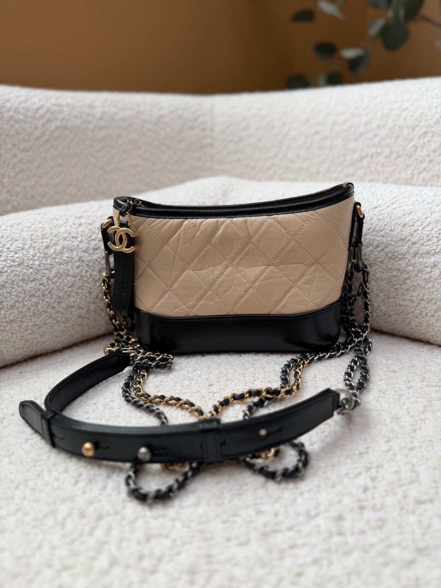 Chanel Beige Quilted x Black Calfskin Gabrielle Small Crossbody Bag