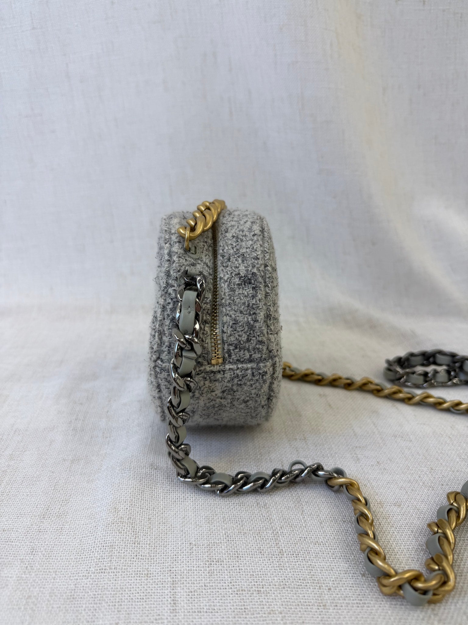 Chanel Gray Tweed 19 Quilted Round Clutch Bag